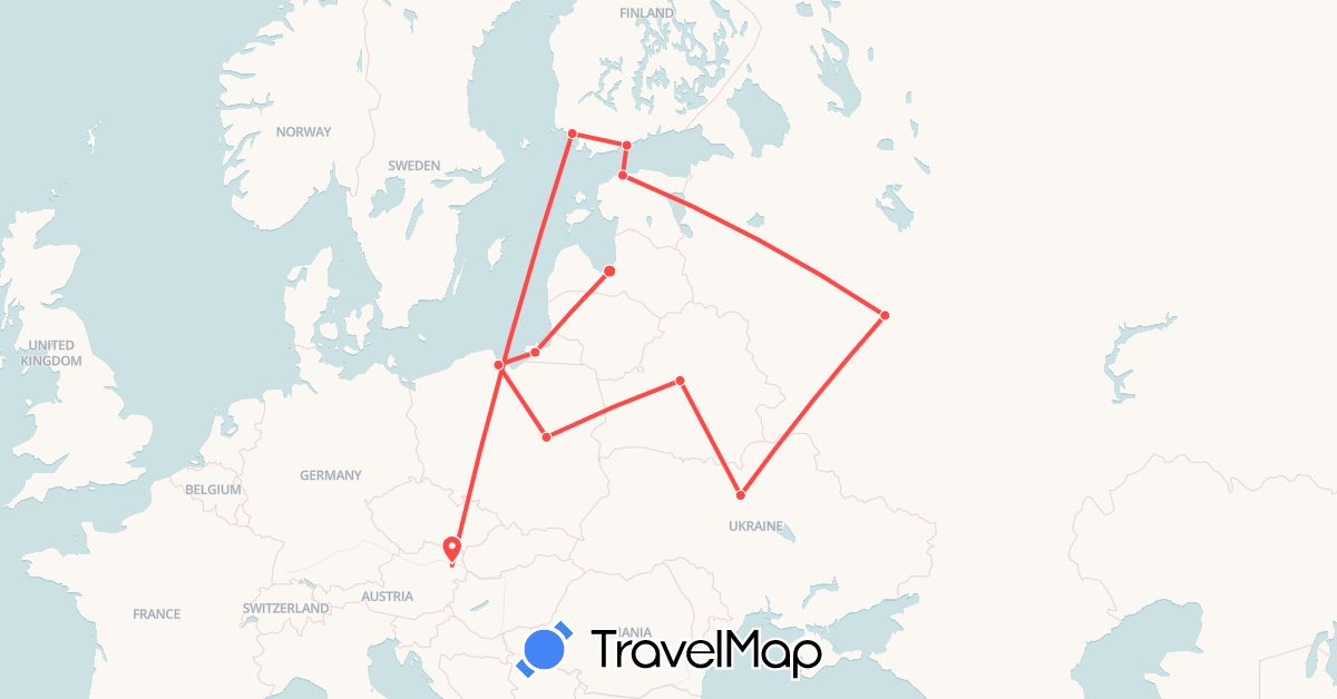 TravelMap itinerary: driving, hiking in Austria, Belarus, Estonia, Finland, Latvia, Poland, Russia, Ukraine (Europe)